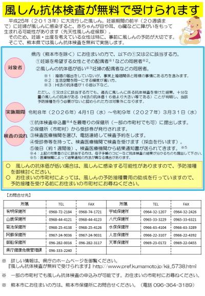 風しん抗体検査が無料で受けらます。チラシ。